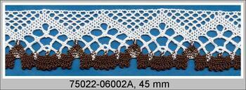 Cotton bobbin lace 75022, width 45 mm, white/dark brown