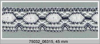 Cotton bobbin lace 75032, width 45 mm, white/black blue
