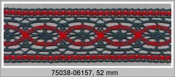 Cotton bobbin lace insert 75038, width 52 mm, ecru/dark green/red