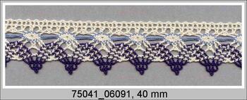 Cotton bobbin lace 75041, width 40 mm, ecru/sky blue/dark blue