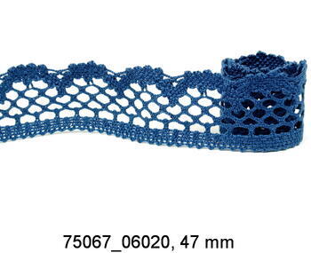 Cotton bobbin lace 75067, width 47 mm, ecru/ocean blue