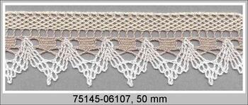 Cotton bobbin lace 75145, width 50 mm, light linen gray/ecru/white
