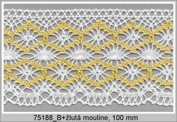 Cotton bobbin lace 75188, width 100 mm, white/dark yellow