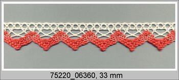 Cotton bobbin lace 75220, width 33 mm, ecru/red coral