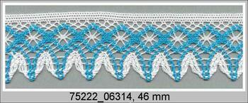 Cotton bobbin lace 75222, width 46 mm, white/turquoise