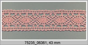 Cotton bobbin lace insert 75235, width 43 mm, pink