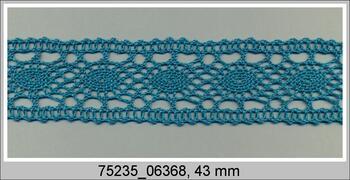 Cotton bobbin lace insert 75235, width 43 mm, aquamarine