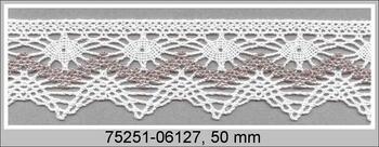 Cotton bobbin lace 75251, width 50 mm, white/dark linen gray