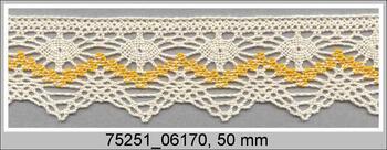 Cotton bobbin lace 75251, width 50 mm, ecru/dark yellow
