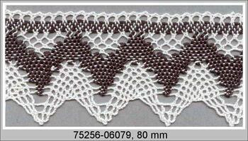 Cotton bobbin lace 75256, width 80 mm, white/dark olive