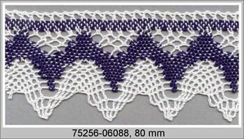 Cotton bobbin lace 75256, width 80 mm, white/dark blue