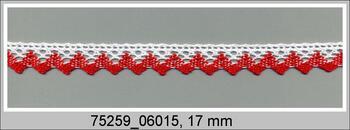 Cotton bobbin lace 75259, width 17 mm, white/light red