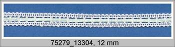 Cotton bobbin lace insert 75279, width 13 mm, white merc./green ribbon
