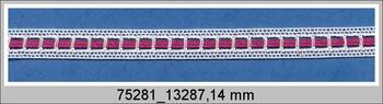 Cotton bobbin lace insert 75281, width 14 mm, white/violet ribbon