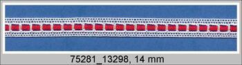 Cotton bobbin lace insert 75281, width 14 mm, white/red ribbon