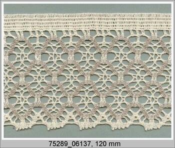 Cotton bobbin lace 75289, width 120 mm, ecru/dark linen gray
