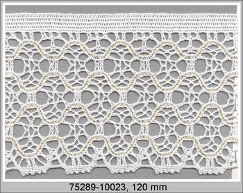 Cotton bobbin lace 75289, width 120 mm, white/light red/dark blue/Lurex gold