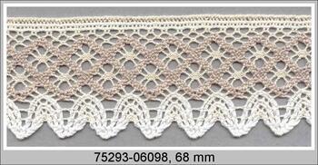 Cotton bobbin lace 75293, width 68 mm, ecru/light linen gray/white