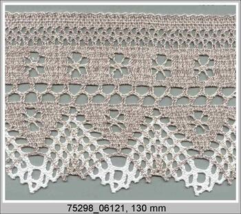 Cotton bobbin lace 75298, width 130 mm, dark linen gray/light cream/white