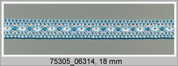 Cotton bobbin lace insert 75305, width 18 mm, turquoise/white