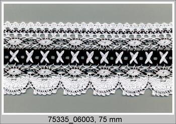 Cotton bobbin lace 75335, width 75 mm, white/black