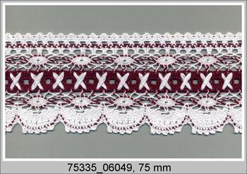 Cotton bobbin lace 75335, width 75 mm, white/violet
