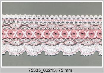 Cotton bobbin lace 75335, width 75 mm, white/pink