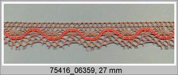 Cotton bobbin lace 75416, width 27 mm, dark beige/red coral