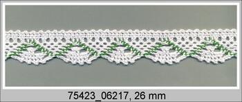 Cotton bobbin lace 75423, width 26 mm, white/grass green