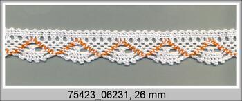 Cotton bobbin lace 75423, width 26 mm, white/rich orange