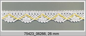 Cotton bobbin lace 75423, width 26 mm, white/yellow