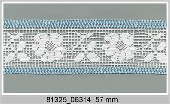 Paličkovaná vsadka 81325 bavlněná, šířka 57 mm, bílá/tyrkysová