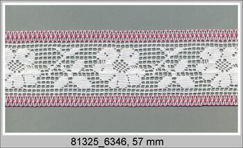 Paličkovaná vsadka 81325 bavlněná, šířka 57 mm, bílá/fuchsiová