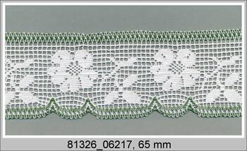 Paličkovaná krajka 81326 bavlněná, šířka 65 mm, bílá/trávová zelená