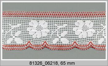 Paličkovaná krajka 81326 bavlněná, šířka 65 mm, bílá/červená