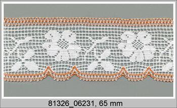Paličkovaná krajka 81326 bavlněná, šířka 65 mm, bílá/sytě oranžová
