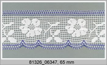 Paličkovaná krajka 81326 bavlněná, šířka 65 mm, bílá/purpurová