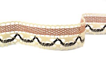 Cotton bobbin lace 75005, width 38 mm, ecru/terracotta/dark brown - 1