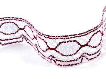 Cotton bobbin lace 75032, width 45 mm, white/cranberry - 1