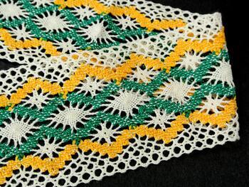 Cotton bobbin lace insert 75036, width 100 mm, ecru/yellow/green - 1