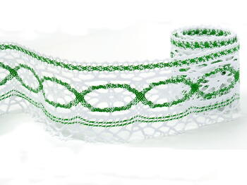 Cotton bobbin lace 75037, width 57 mm, white/grass green - 1