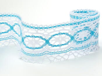 Cotton bobbin lace 75037, width 57 mm, white/turquoise - 1
