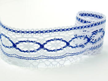 Cotton bobbin lace 75037, width 57 mm, white/royal blue - 1