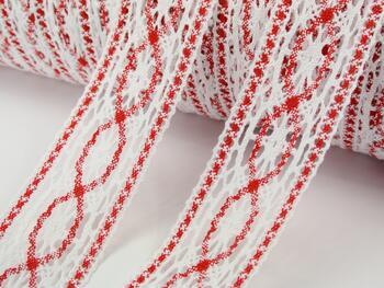 Cotton bobbin lace insert 75038, width 52 mm, white/light red - 1