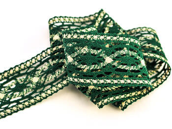 Cotton bobbin lace insert 75038, width 52 mm, dark green/ecru