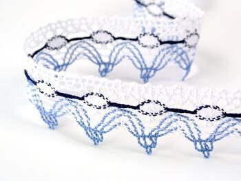Cotton bobbin lace 75041, width 40 mm, white/sky blue/dark blue - 1