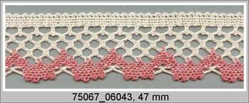 Cotton bobbin lace 75067, width 47 mm, white/rose