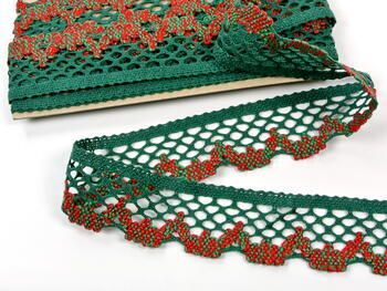 Cotton bobbin lace 75067, width 47 mm, dark green/red/light green - 1