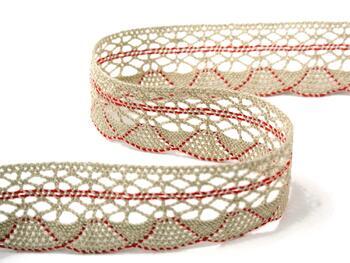 Cotton bobbin lace 75077, width 32 mm, light linen gray/light red - 1
