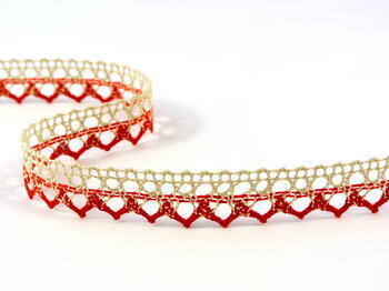 Cotton bobbin lace 75087, width 19 mm, light linen gray/light red - 1